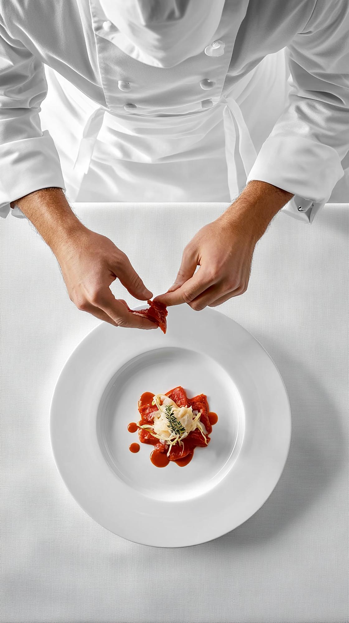 Chef in cucina elegante mentre prepara un piatto